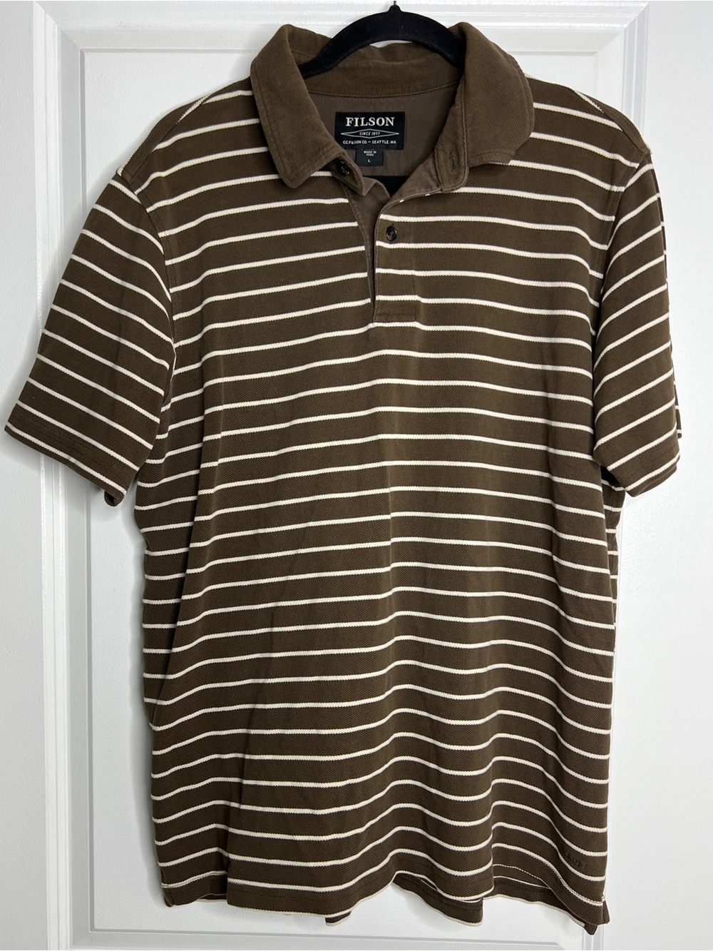 Filson Heritage Brown White Striped 100% Cotton Polo Shirt Men's Large Classic